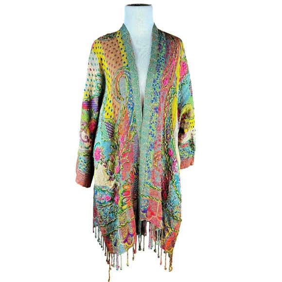 ANU Artisan Boho Wool Patchwork Kimono Jacket Coat Fringe Tassel S/M Festival - Picture 2 of 9